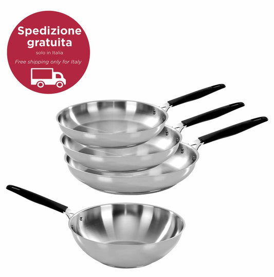 Set 4 pezzi acciaio inox - padellecm 20-24-28 + Wok