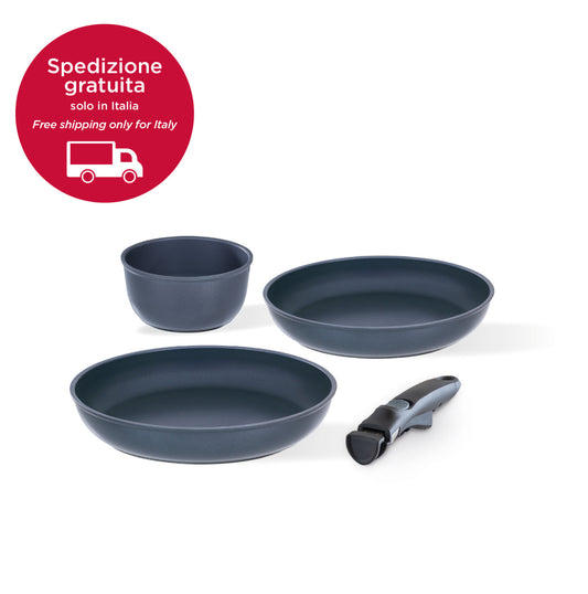 Set 2 padelle cm 24/28, casseruola16 cm + manico staccabile